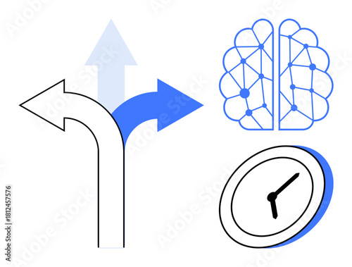 Divergent arrows signify choices, brain with neural nodes highlights strategic thinking, clock represents time management. Ideal for productivity, decision skills, problem-solving, time planning
