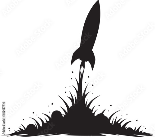 Black silhouette of a rocket launching from grass space