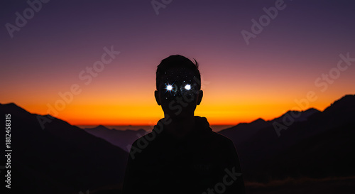 Silhouette Person with Galaxy Eyes in Sunset