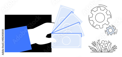 Hand presenting currency notes symbolizes finance, gears denote operational mechanisms, and blooming flower conveys growth. Ideal for economy, business, sustainability, investment, innovation