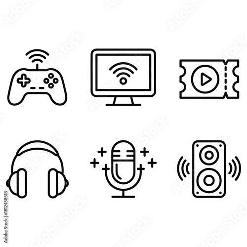 Set of Gaming Icons Including Controller, Monitor, Ticket, Headphones, Microphone and Speaker Featuring Online Gaming, Entertainment and Audio Related Design Elements