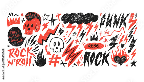 Edgy Rock and Roll Graffiti Design with Skulls and Lightning Bolts