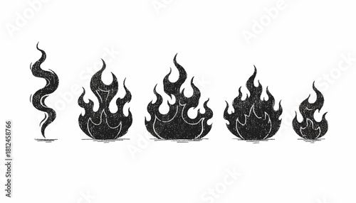 Monochromatic graphic elements featuring a sequence of evolving fire flames and smoke wisps, rendered with a unique grunge texture for a dramatic visual impact