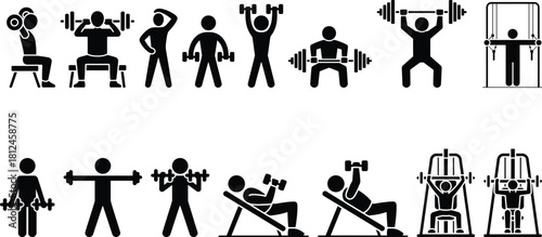 Weightlifting exercises: diverse gym workout routines illustrated
