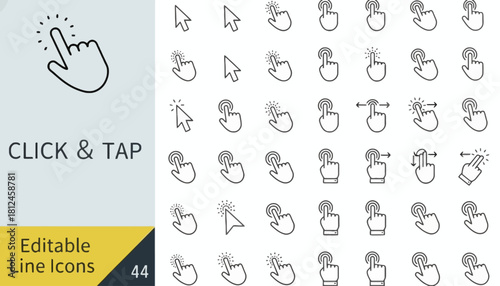 Dynamic collection of adaptable line art icons, showcasing various pointing, clicking, and tapping gestures for interactive digital experiences and user interface design