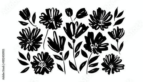 Set of hand-drawn black ink flowers and leaves. Sketchy floral collection isolated on a white background for decorative graphic design elements