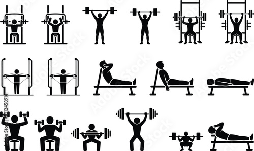 Gym exercise pictogram set with various weight training workouts