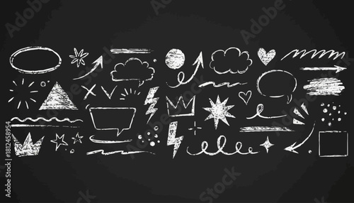 Hand-drawn Chalkboard Doodle Elements Vector Illustration Set - Arrows, Stars, Bubbles, Crowns, and Strokes for Creative Design Projects
