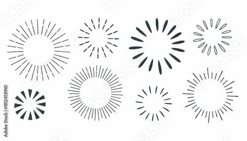 Diverse Hand-Drawn Sunburst and Starburst Vector Elements. Collection of Radiant Ray Patterns and Explosion Frames for Vintage Badges and Graphic Art