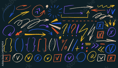 Collection of Hand-Drawn Chalkboard Elements Arrows, Symbols, and Punctuation Marks on a Dark Background