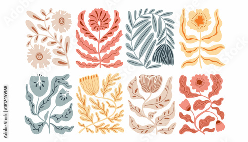 Set of colorful floral illustrations with folk art inspired designs and botanical elements