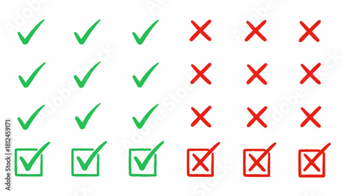 A vector collection of hand-drawn doodle style checkmarks and crosses. Green tick and red x symbol icons for representing correct and incorrect choices