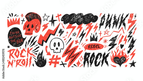 Punk Rock Doodle Art Hand-Drawn Skull, Lightning, and Rebel Graphics