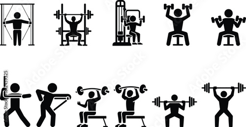 Weightlifting and fitness gym exercise stick figure icons set