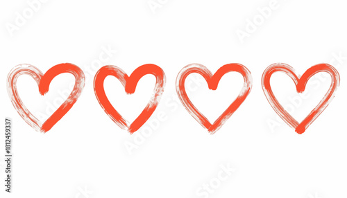 Four red hearts drawn with a brush on a white background, symbolizing love, affection, and appreciation