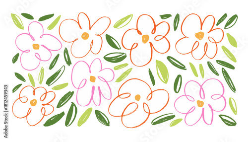 A cheerful and playful collection of hand-drawn sketch flowers and leaves, a vibrant floral doodle pattern in a simple, whimsical style