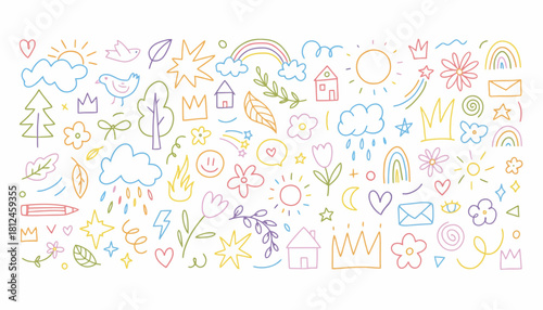 Playful assortment of hand-drawn doodle elements in bright pastel colors, featuring whimsical illustrations like suns, rainbows, and hearts for creative designs
