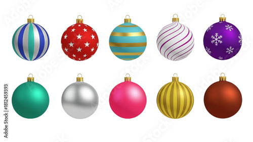 Set of realistic 3D Christmas baubles, colorful holiday tree ornaments collection isolated on white background