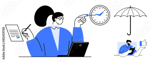 Woman using laptop, reviewing papers, checking clock, umbrella symbolizing protection. Ideal for time management, multitasking, productivity, decision-making, workplace security organization simple