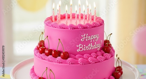 Celebrate a special day with a delicious pink birthday cake topped with cherries and festive candles