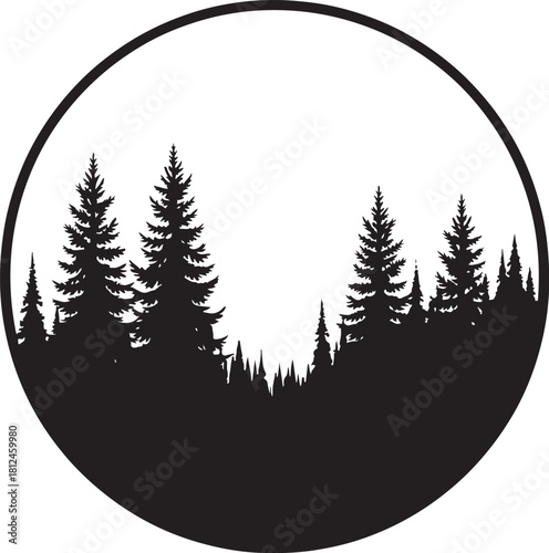 Black silhouette of pine trees in a circle forest black and white