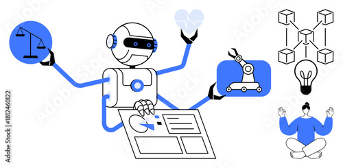 Robot multitasking with scales of justice, automation, data charts, heart, blockchain, and meditation. Ideal for AI ethics, innovation, balance technology automation creativity mindfulness