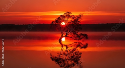 Stunning sunset over tranquil water with silhouetted tree creating reflection inspiring peace and serenity