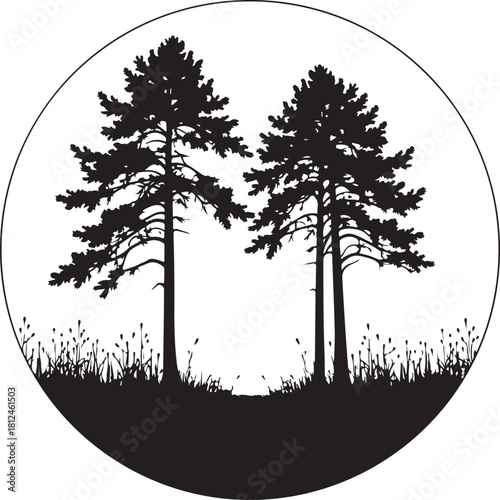Black silhouette of two pine trees in a circle black and white