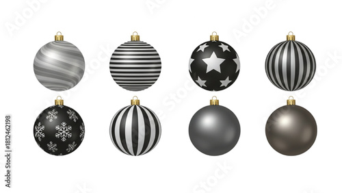 Realistic black and silver Christmas bauble set. Collection of 3D metallic holiday ornaments with striped, star, and snowflake patterns isolated on white background.