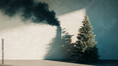 A beautiful Christmas tree next to a wall; its shadow shaped like a factory chimney emitting smoke: a metaphor for pollution