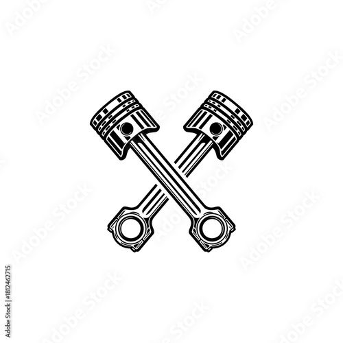 Two crossed pistons with connecting rods, rendered in a detailed, vintage-style black and white illustration.
