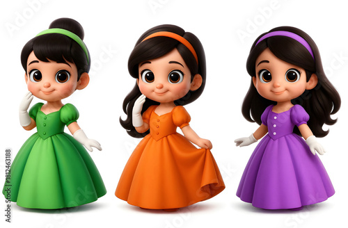 Little Princess in Bright Green, Orange and Purple Dresses And Kid Friendly Chibi Girls for Clipart Sets, Children’s Fashion Graphics And Fairytale Visuals.eps