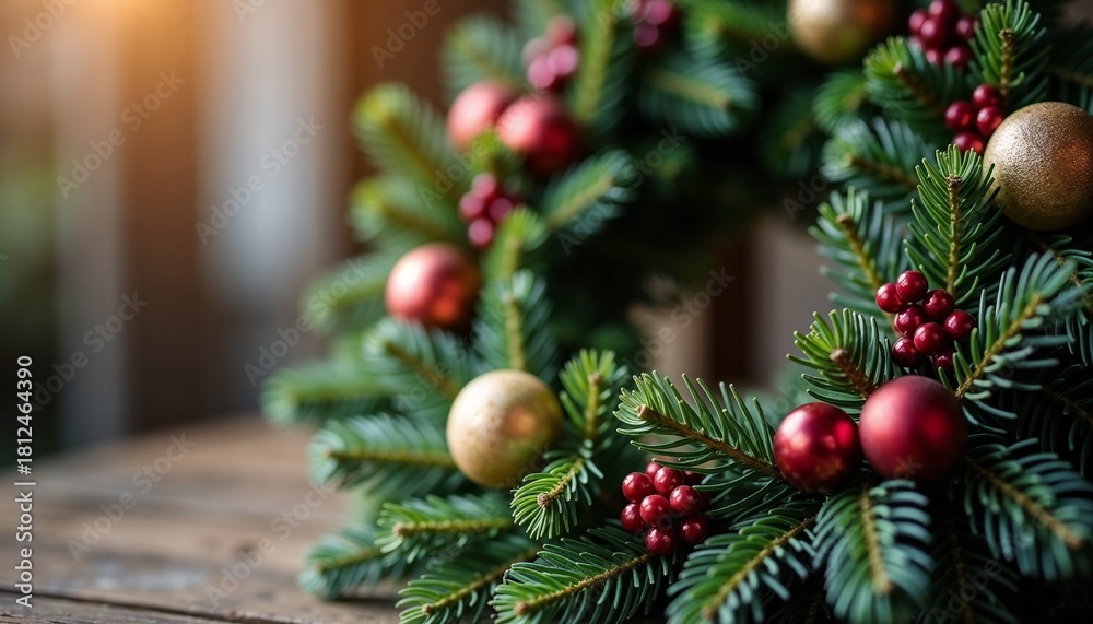 Fototapeta premium Handmade Christmas wreath close-up featuring natural textures, subtle warm light, and soft shadow play for an elegant festive craft vibe