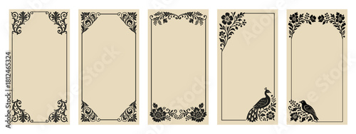 Set of elegant vintage-style decorative frames with floral motifs and ornamental borders. Includes variations with birds and a peacock, ideal for invitations, labels, stationery, and classic design
