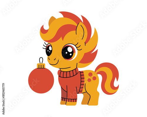 Cute Christmas Pony Wearing Sweater Holding Ornament Ball in Festive Holiday Cartoon Illustration