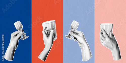 Celebration poster concept with human hands raising glasses. Halftone collage in bold modern colors. Social media design template for party, toast, and festive mood.