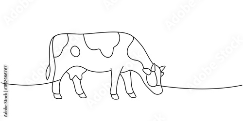 Grazing cow in side view. Stylized linear art in minimal black and white style