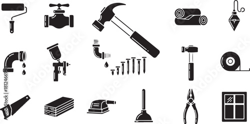 Collection of Black and White Icons Representing Various Tools and Building Materials
