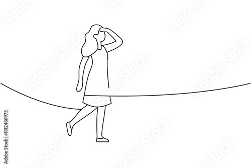 Minimalist contour of a walking woman shading her eyes, looking forward. Simple outline style for exploration and future vision concepts