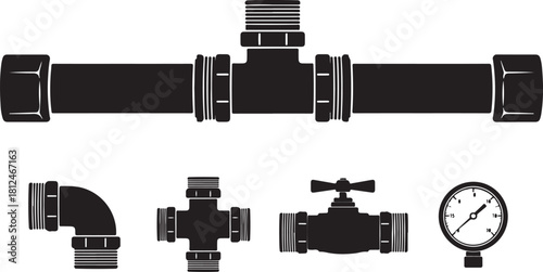Black and White Icons of Plumbing Fixtures and a Pressure Gauge