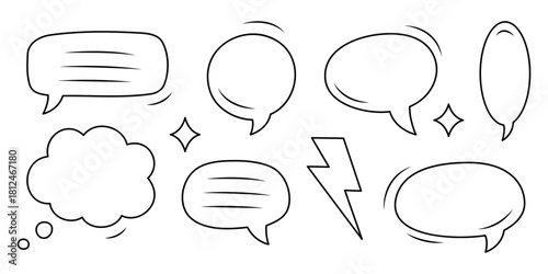 Hand drawn comic speech bubbles set with doodle style. Outline vector talk balloons for messages, comics, and cartoon design