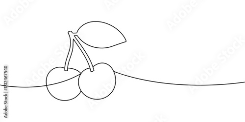 Two cherries with stem and leaf continuous line drawing. Minimal one line vector outline fruit illustration for food and botanical themed projects