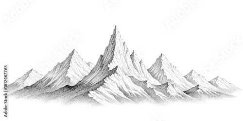 Detailed hand-drawn mountain range panorama, sharp peaks, stipple art style
