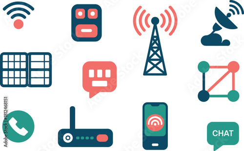 Telecommunication network icons collection, wireless technology symbols, digital communication elements, mobile connectivity tools, modern signal devices set, flat vector illustra
