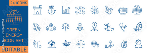 Collection of 24 clean and minimal line icons related to green energy, eco power, renewable resources, solar energy, wind power, sustainable electricity, electric plugs, eco-friendly technology.