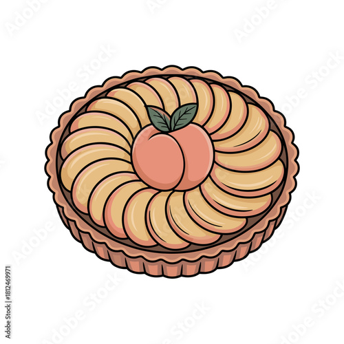 Peach tart with sliced fruit and mint leaf on top  