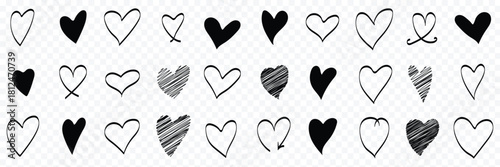 Hand drawn linear hearts set. Various brush, chalk, marker, ink drawn heart shapes. Artistic lines, outlines Valentine's day uneven, textured edge doodle templates.  wedding cards love symbols romance