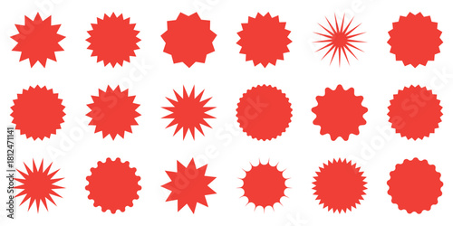 Set of red star burst labels isolated on transparent background. Circle sticker set. Wavy edge promo red badges. Star burst shape tags for price. Blank sale stickers. 