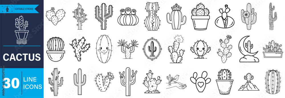 Naklejka premium A comprehensive vector set featuring 30 diverse cactus line icons, perfect for web design, apps, print, and various digital projects. Includes potted, flowering, and desert plant illustrations.