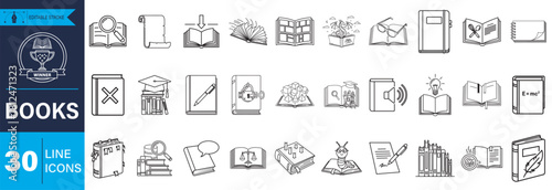Thirty outline book and education icons. Perfect for academic projects, learning resources, and library themes. Clean, modern line art. Includes books, study, knowledge.
